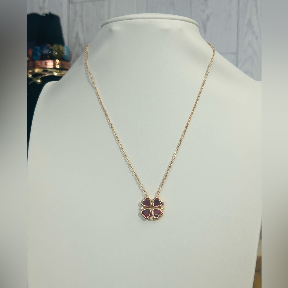 Heart Shaped Clover Magnetic Red & Rose Gold Plated Pendant Necklace - Picture 8 of 12